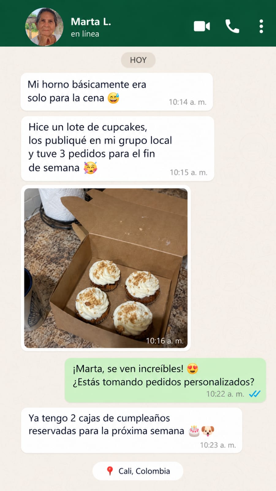 Conversación de Marta L. sobre sus pupcakes y sus primeros pedidos en Cali